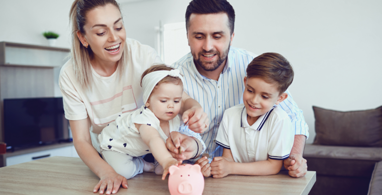 Family of 4 saving putting money into bank to save for child's education