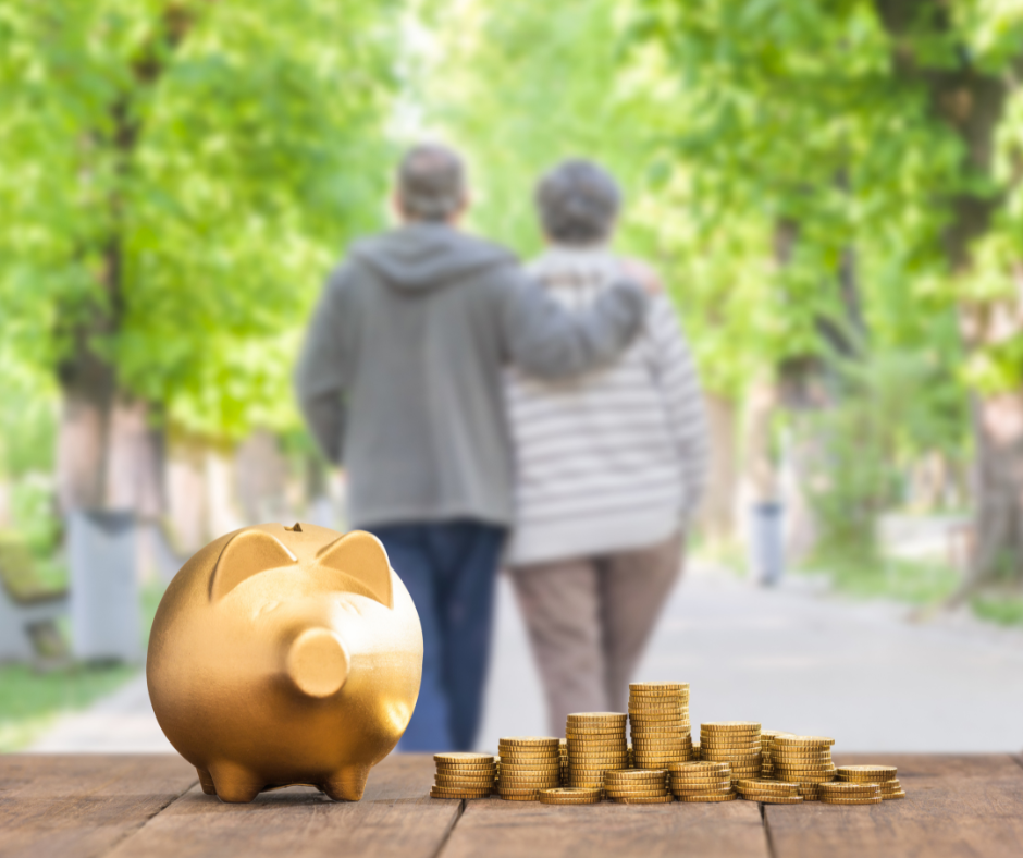 Couple beside a golden piggy bank representing retirement money