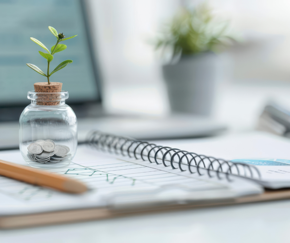 Notebook with financial goals and small plant