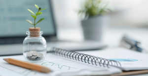 Notebook with financial goals and small plant